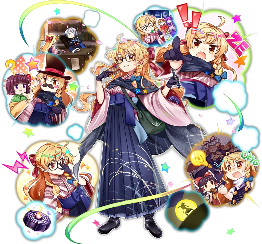 hakurei reimu, kirisame marisa, alice margatroid, patchouli knowledge, yakumo yukari, and 2 more (touhou and 1 more) drawn by rotte_(1109)
