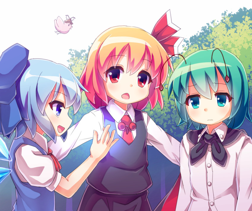 cirno, rumia, mystia lorelei, and wriggle nightbug (touhou) drawn by puremiamuanago
