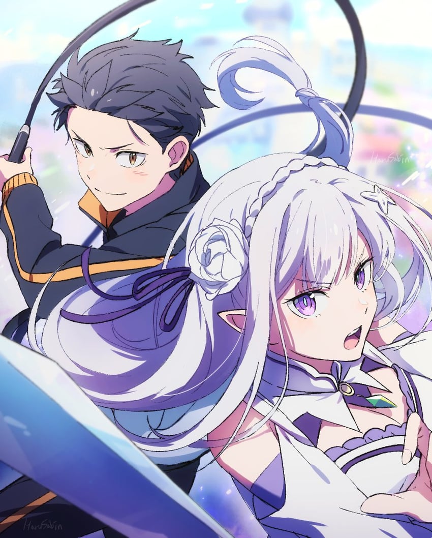 emilia and natsuki subaru (re:zero kara hajimeru isekai seikatsu) drawn by harusabin