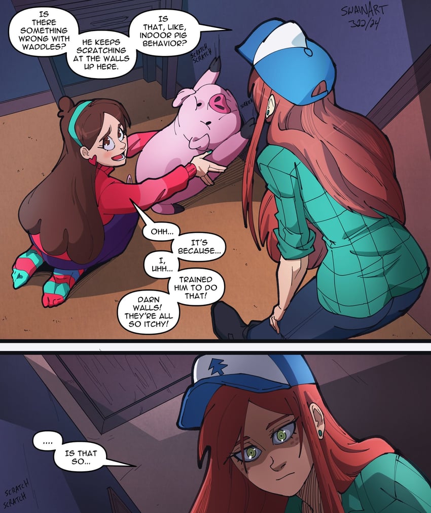 mabel pines, wendy corduroy, and waddles (gravity falls) drawn by swain_(artist)