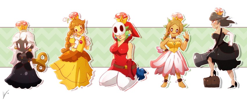 shy gal, princess bullet bill, princess bob-omb, princess wiggler, and princess pokey (mario and 1 more) drawn by endifi