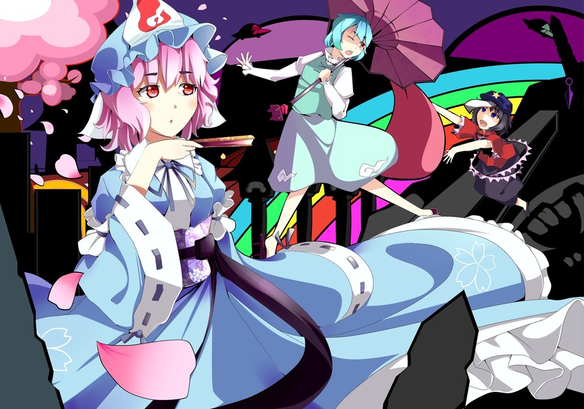 saigyouji yuyuko, tatara kogasa, and miyako yoshika (touhou) drawn by nagano_(touhounokiwami)