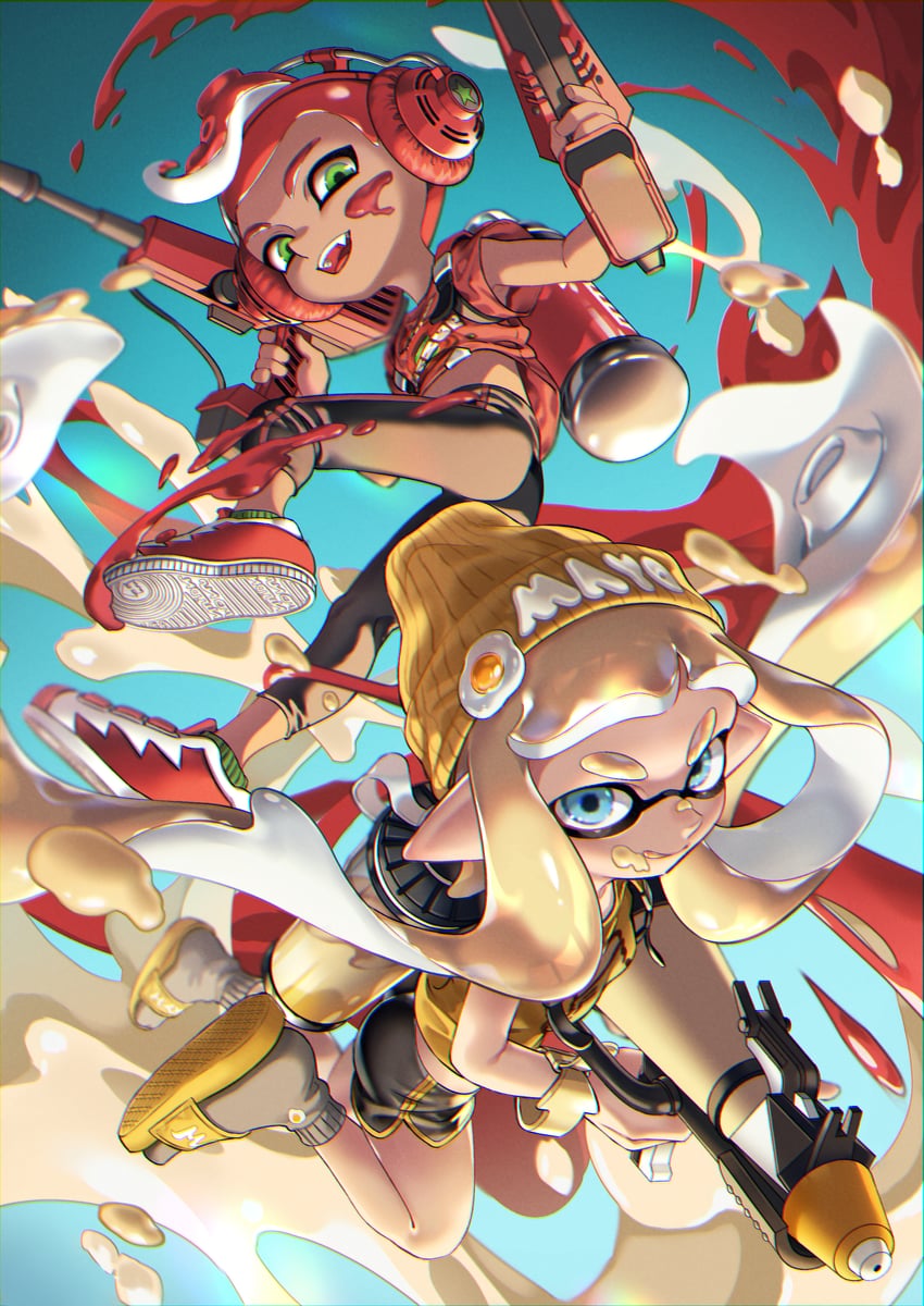 inkling player character, inkling girl, octoling player character, and octoling boy (splatoon and 1 more) drawn by iria_(yumeirokingyo)