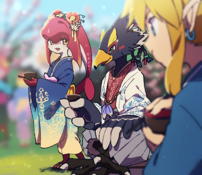 link, mipha, and revali (the legend of zelda and 1 more) drawn by ukata