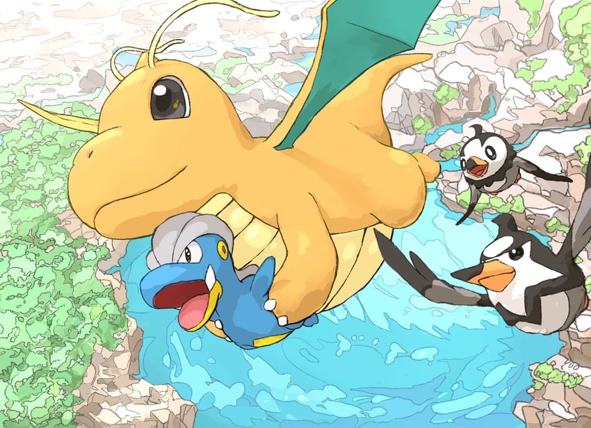 dragonite, starly, bagon, and staravia (pokemon) drawn by aomon_(yuuji7604)