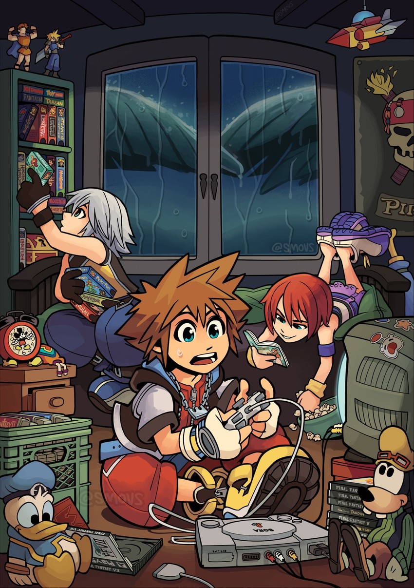 cloud strife, sora, kairi, riku, mickey mouse, and 5 more (final fantasy and 24 more) drawn by smovs