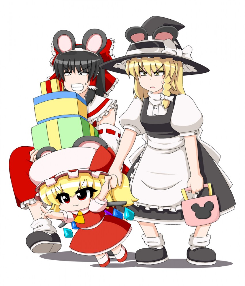 hakurei reimu, kirisame marisa, and flandre scarlet (touhou) drawn by yamato_damashi