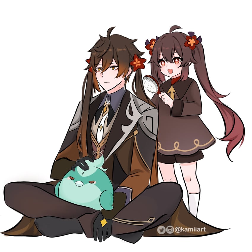 hu tao, zhongli, and xiao (genshin impact) drawn by kamiiart