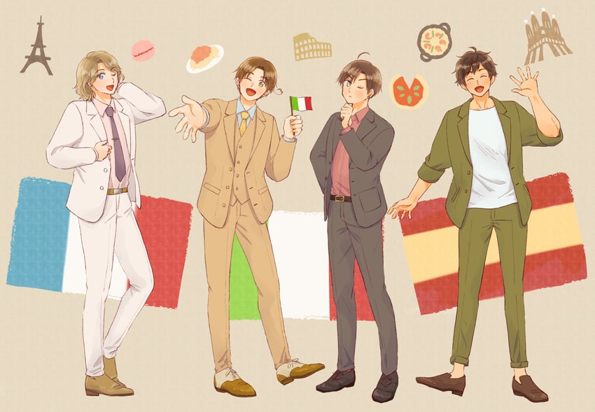 france, northern italy, spain, and southern italy (axis powers hetalia) drawn by nana_(nana5177)