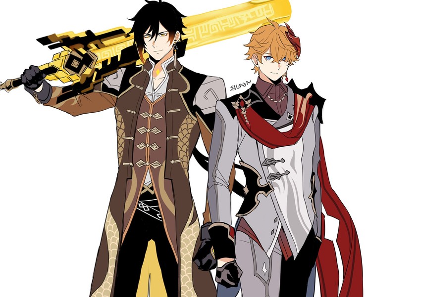 zhongli and tartaglia (genshin impact) drawn by sushisalmon95
