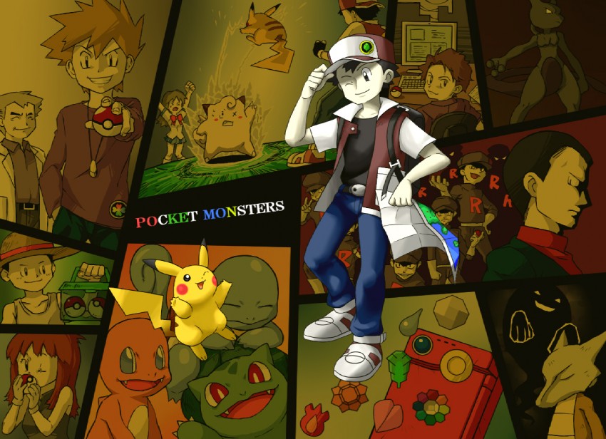 pikachu, red, blue oak, bulbasaur, squirtle, and 11 more (pokemon and 1 more) drawn by donnpati