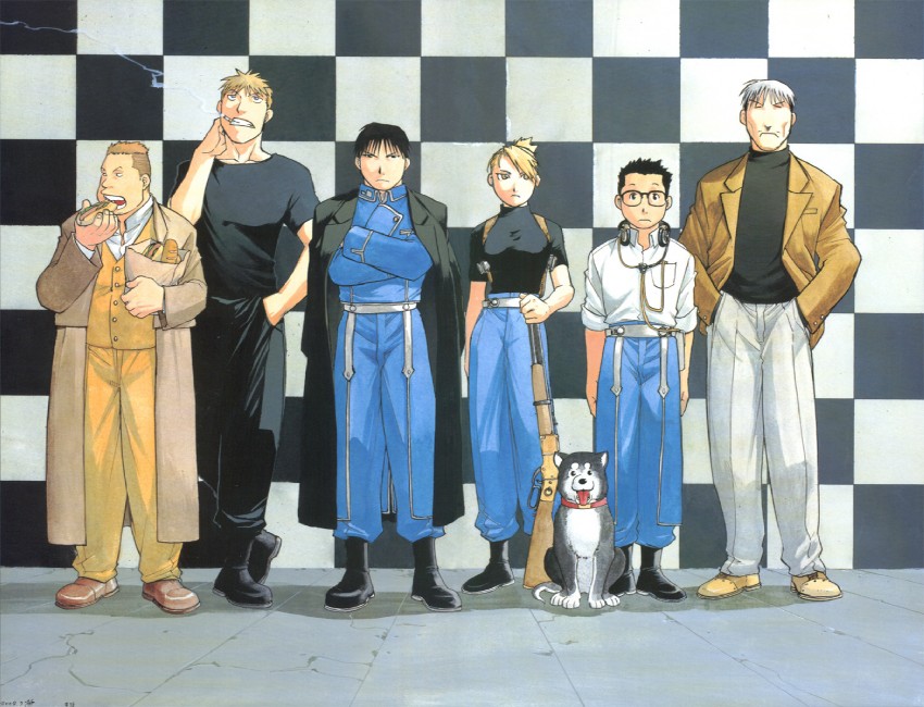 riza hawkeye, roy mustang, jean havoc, black hayate, heymans breda, and 2 more (fullmetal alchemist) drawn by arakawa_hiromu