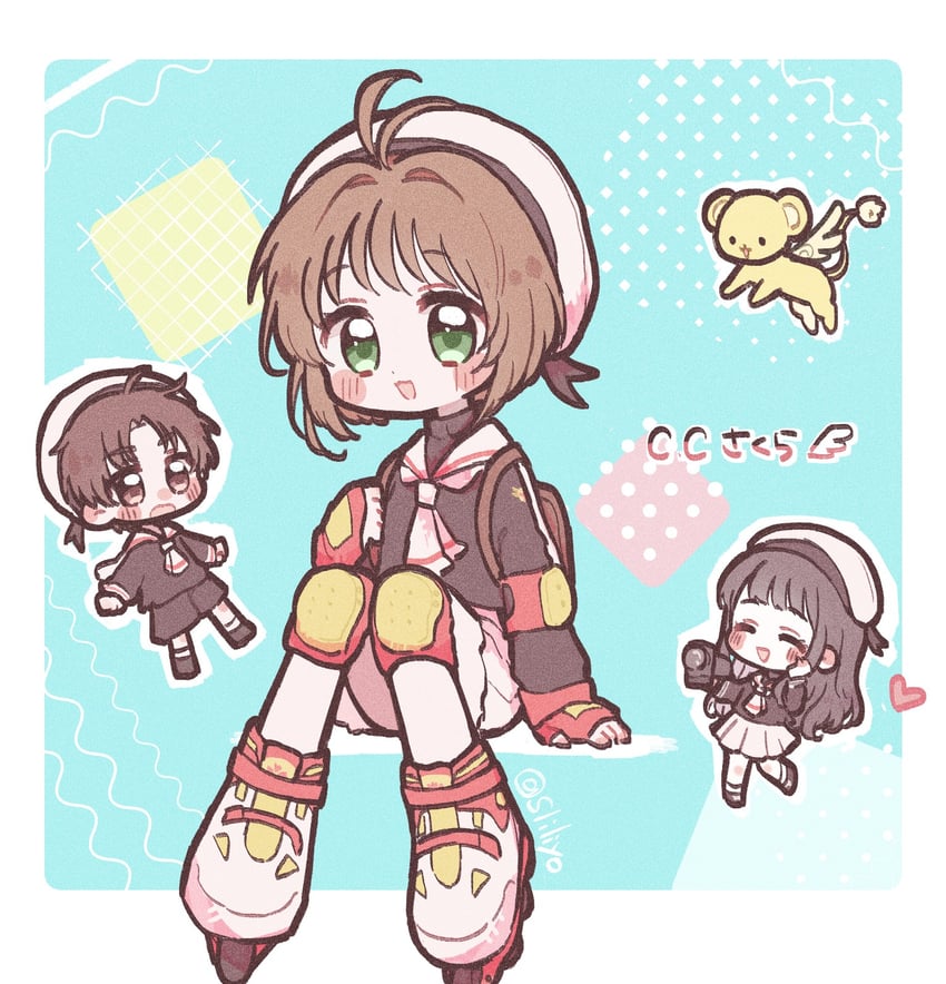 kinomoto sakura, kero, daidouji tomoyo, and li syaoran (cardcaptor sakura) drawn by hoshizuki_chimama
