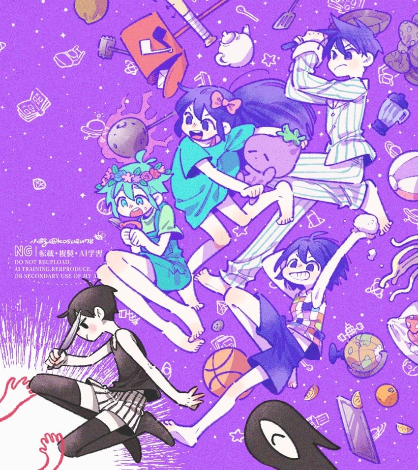 omori, basil, aubrey, kel, hero, and 2 more (omori) drawn by mitsubachi_koucha