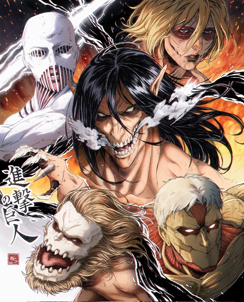 titan, rogue titan, armored titan, female titan, jaw titan, and 1 more (shingeki no kyojin) drawn by roninewt