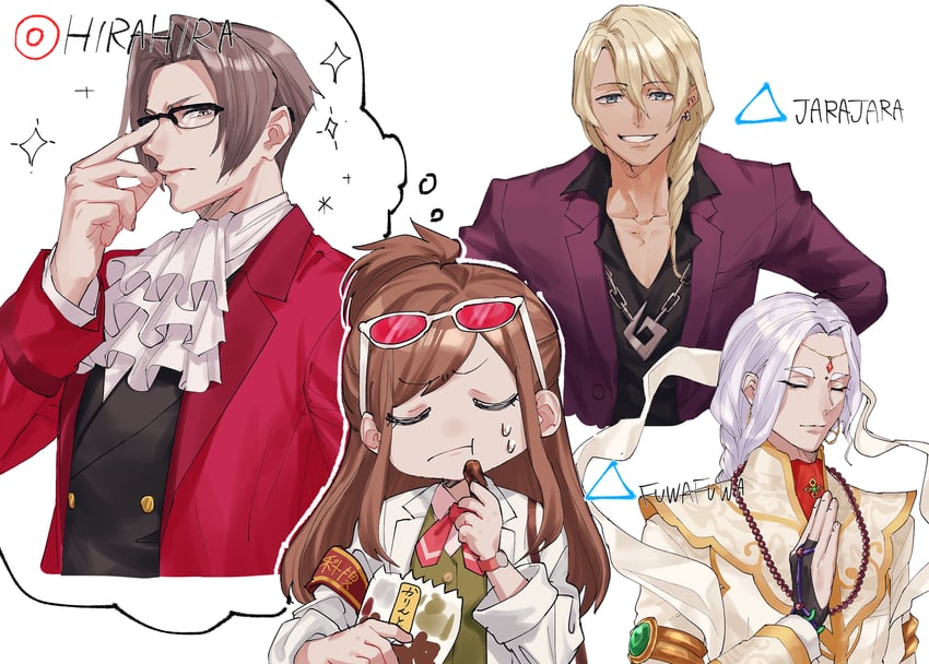 miles edgeworth, klavier gavin, ema skye, and nahyuta sahdmadhi (ace attorney and 1 more) drawn by yymmawo_vv2