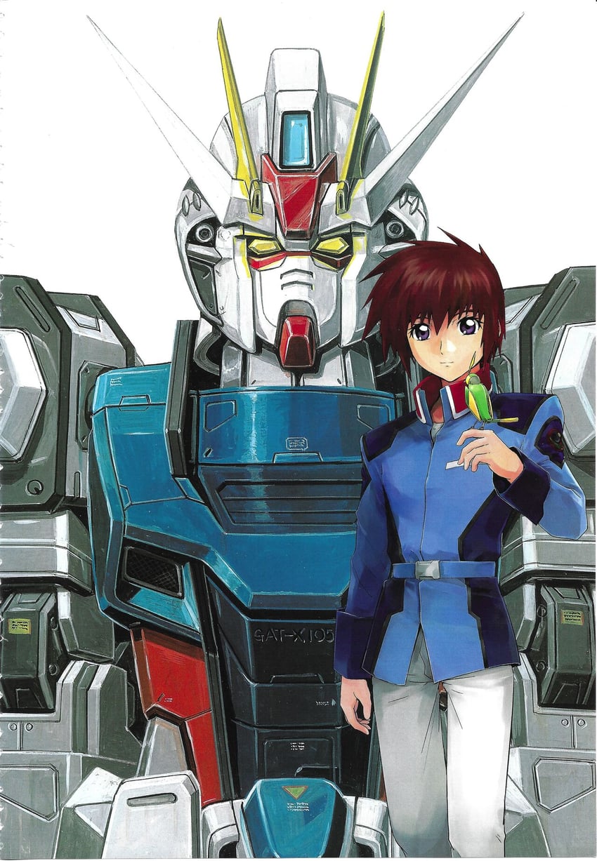 kira yamato, strike gundam, and torii (gundam and 1 more) drawn by ookawara_kunio