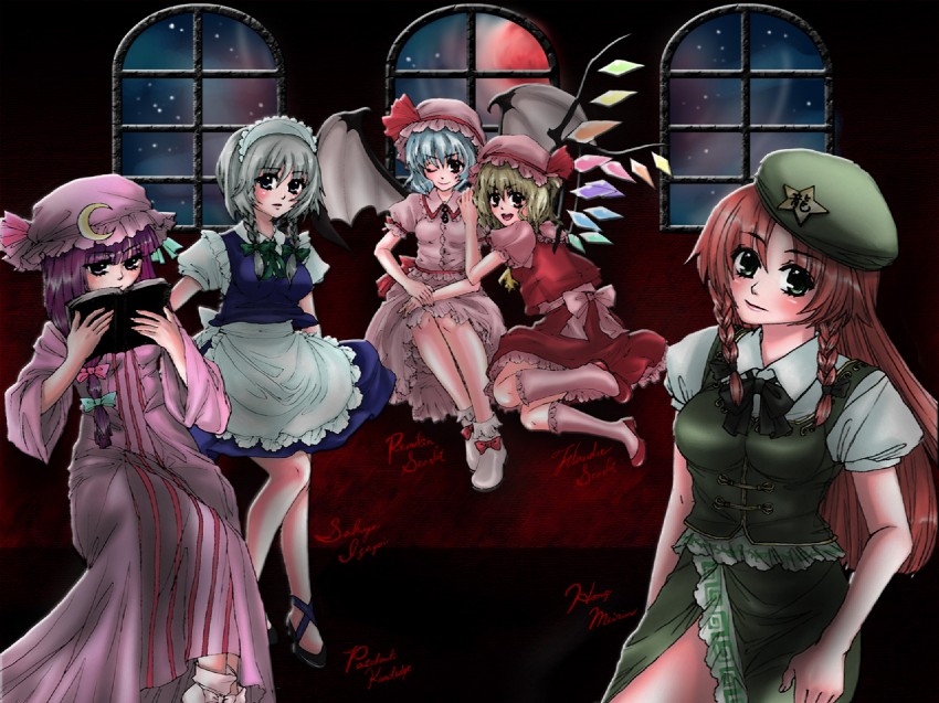 remilia scarlet, flandre scarlet, izayoi sakuya, patchouli knowledge, and hong meiling (touhou) drawn by yuu_(hi_lite)
