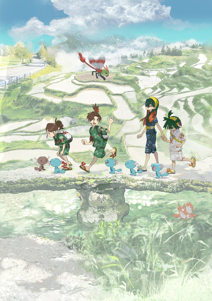 kieran, juliana, carmine, florian, wooper, and 3 more (pokemon and 1 more) drawn by e_volution