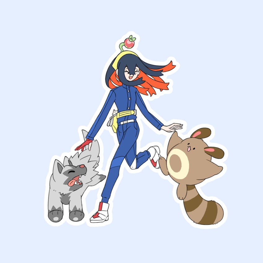 carmine, furret, applin, and poochyena (pokemon and 1 more) drawn by h1na3