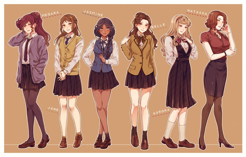 jasmine, natasha romanoff, belle, aurora, megara, and 1 more (marvel and 6 more) drawn by mizala