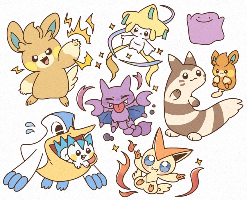 jirachi, ditto, pachirisu, furret, pawmi, and 4 more (pokemon) drawn by mottazaurs