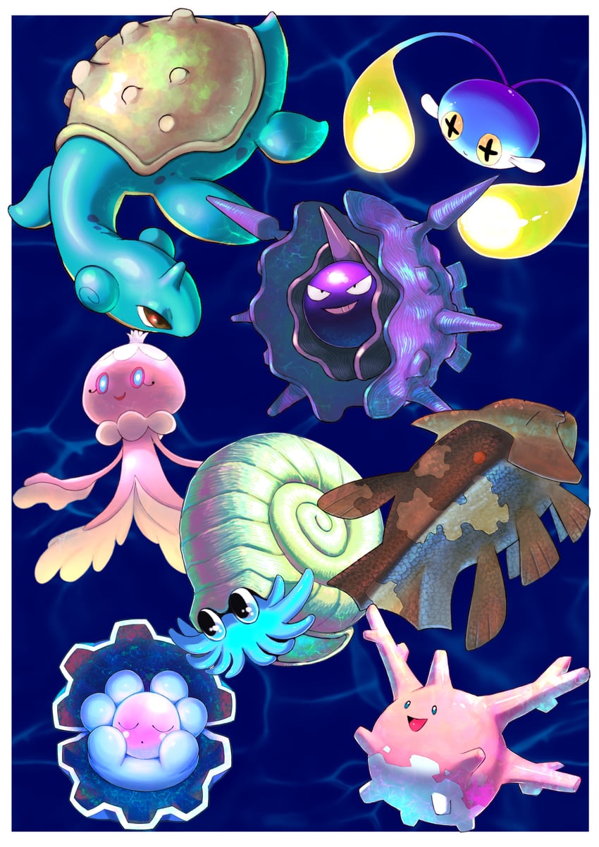 lapras, corsola, chinchou, omanyte, frillish, and 3 more (pokemon) drawn by 9gojonnybgo