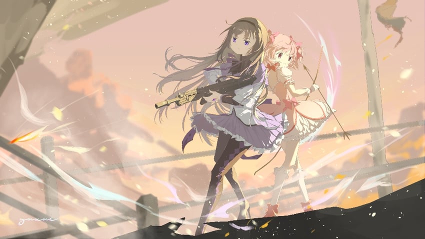 akemi homura and kaname madoka (mahou shoujo madoka magica) drawn by yujxue