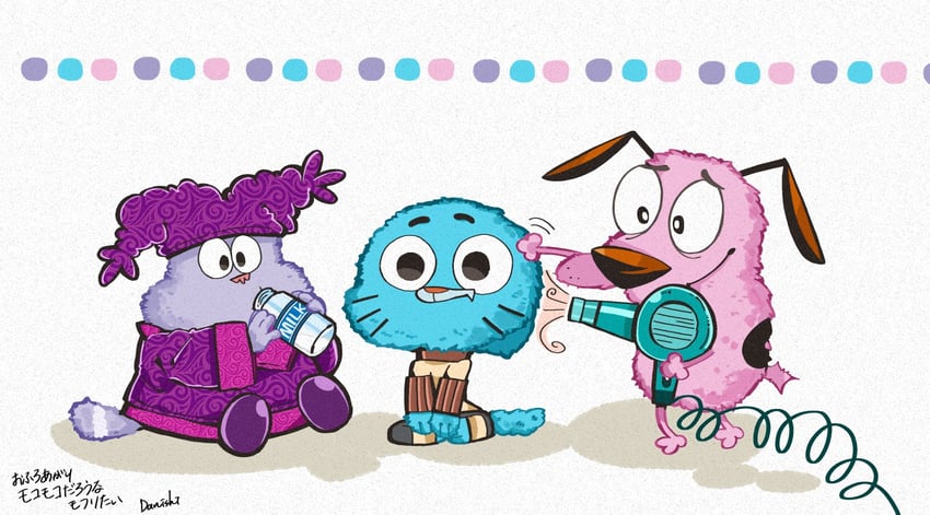 gumball watterson, courage, and chowder (the amazing world of gumball and 3 more) drawn by danishi
