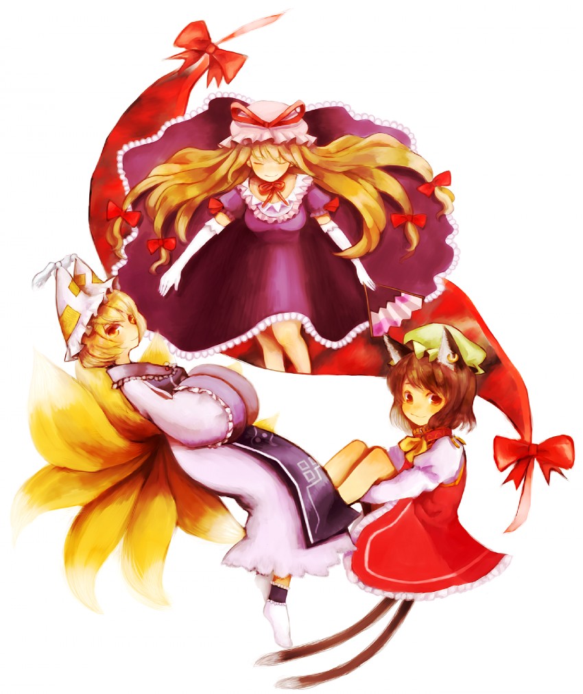 yakumo yukari, yakumo ran, and chen (touhou) drawn by emutsu