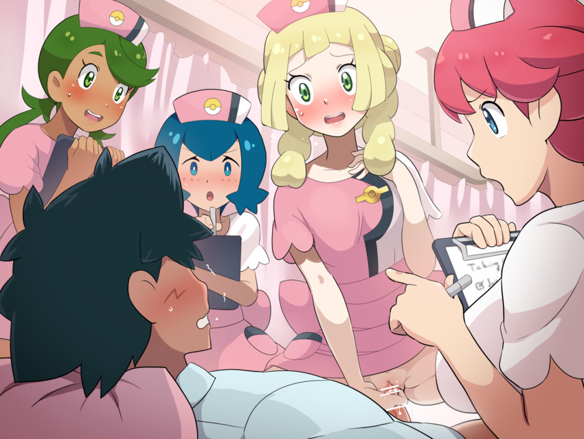 lillie, ash ketchum, lana, mallow, and joy (pokemon and 1 more) drawn by boris_(noborhys)