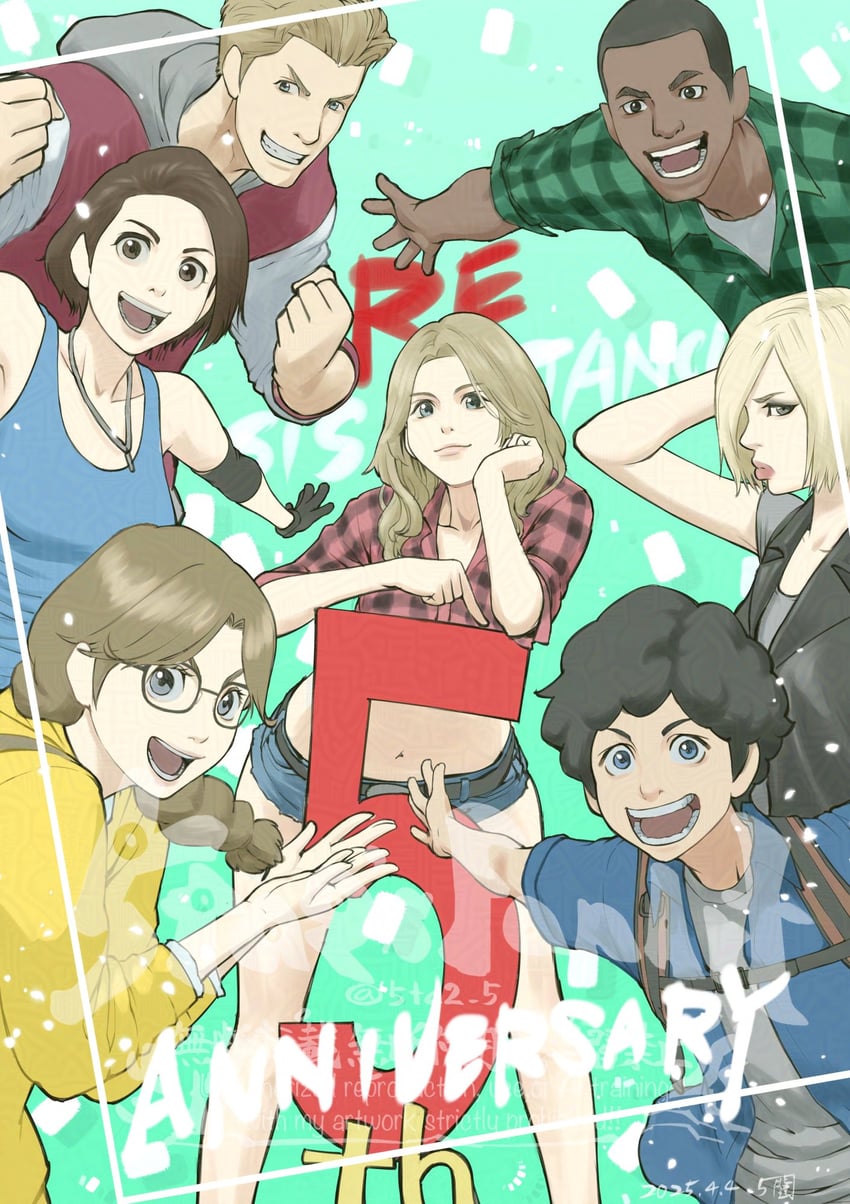 jill valentine, valerie harmon, becca woolett, samuel jordan, martin sandwich, and 2 more (resident evil and 1 more) drawn by 5tatsu