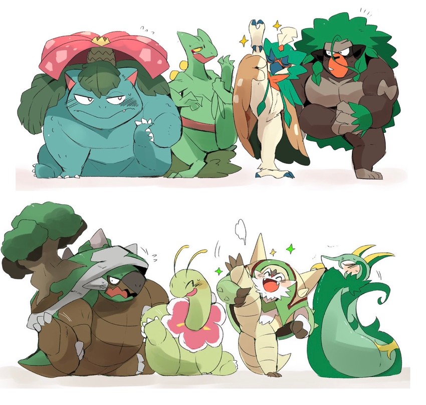 venusaur, serperior, decidueye, sceptile, meganium, and 3 more (pokemon) drawn by hyaku_(g-kawayusu)