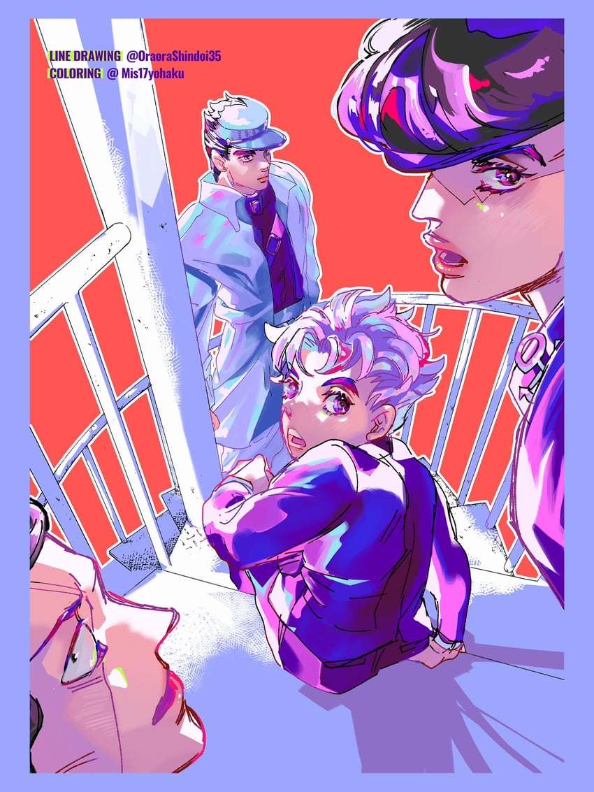 kujo jotaro, higashikata josuke, nijimura okuyasu, and hirose koichi (jojo no kimyou na bouken and 1 more) drawn by mis17yohaku and oraorashindoi35