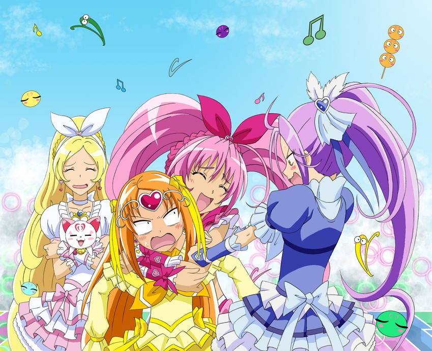 houjou hibiki, minamino kanade, cure melody, kurokawa eren, shirabe ako, and 5 more (precure and 1 more) drawn by fuchi_(nightmare)