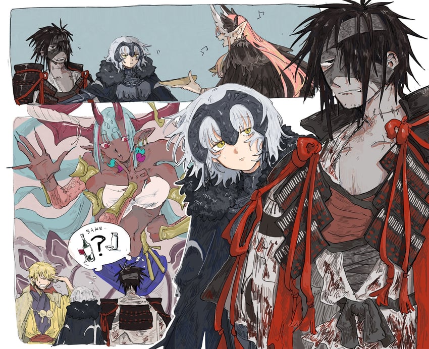 jeanne d'arc alter, gilgamesh, ibuki douji, circe, and chiemon (fate and 1 more) drawn by ruda_(ruda_0616_tfj)