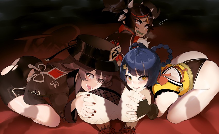 hu tao, xiangling, and xinyan (genshin impact) drawn by nyantcha