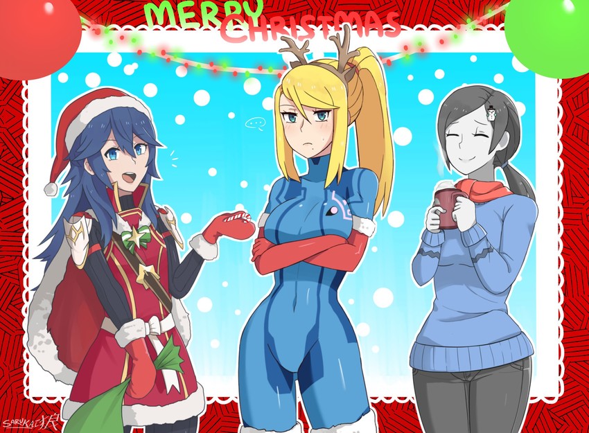 samus aran, lucina, and wii fit trainer (fire emblem and 4 more) drawn by sarukaiwolf