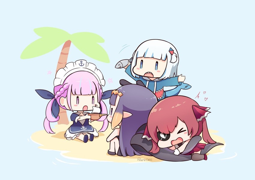 gawr gura, houshou marine, ninomae ina'nis, and minato aqua (hololive and 1 more) drawn by namiorii