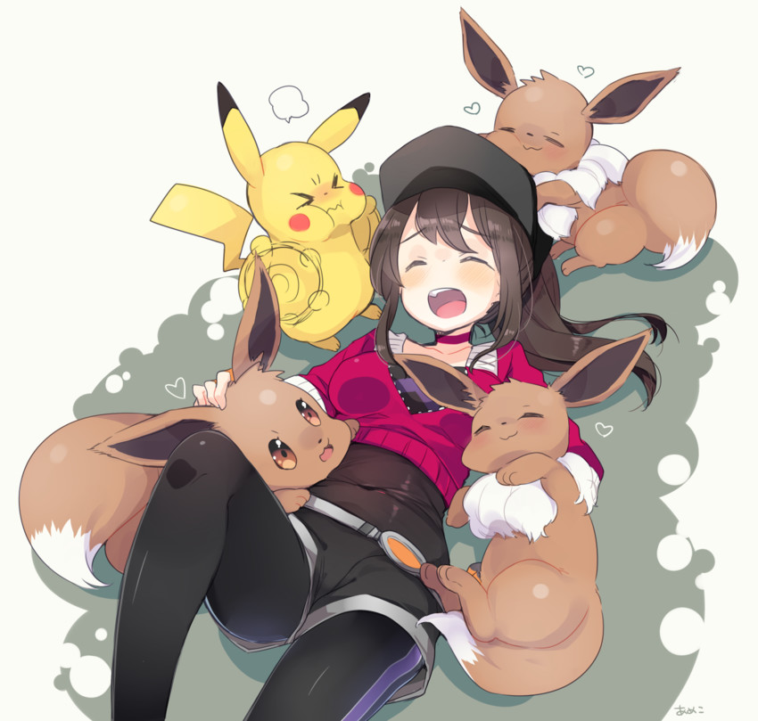 pikachu, eevee, and female protagonist (pokemon and 1 more) drawn by kanro_ame_(ameko)