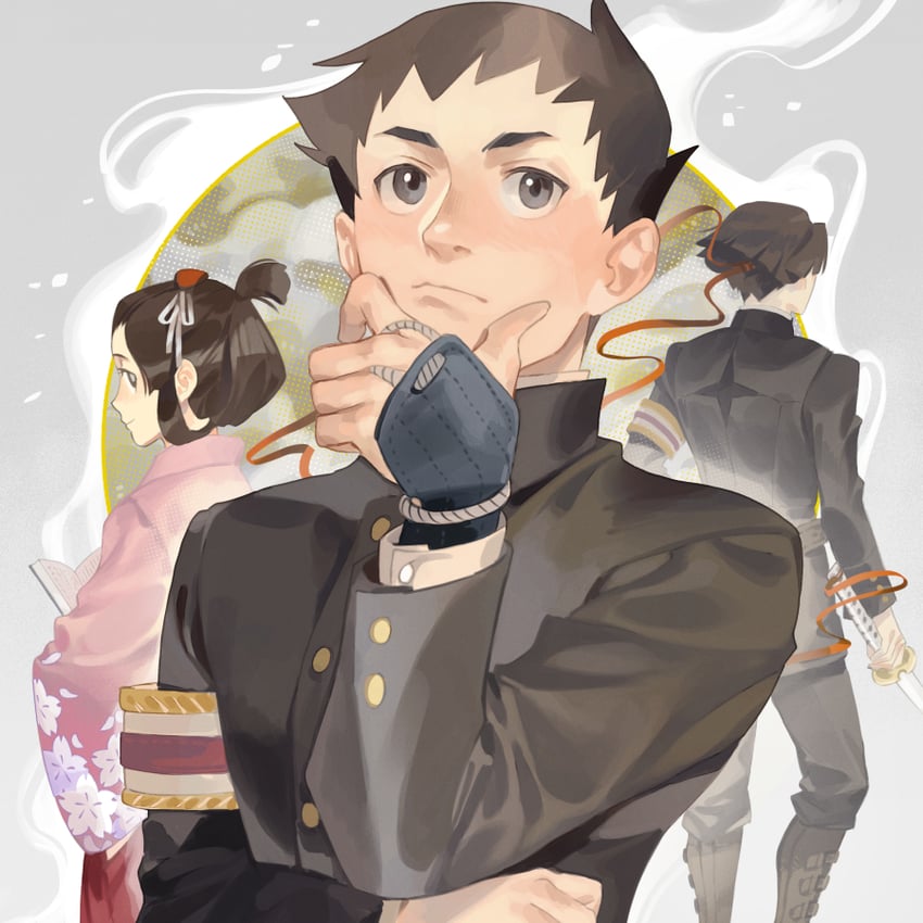 ryunosuke naruhodo, kazuma asogi, and susato mikotoba (ace attorney and 1 more) drawn by tamasaburo_(braudraws)