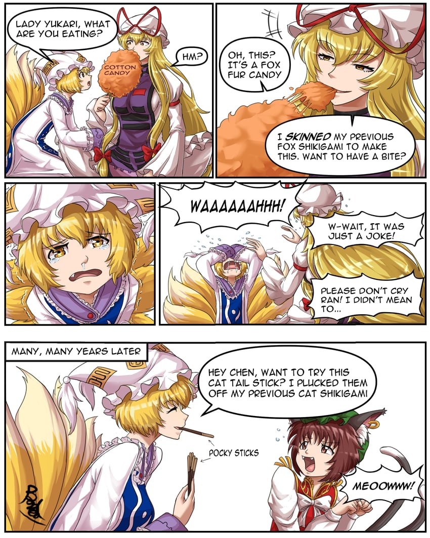 yakumo yukari, yakumo ran, and chen (touhou) drawn by buhbuhbored