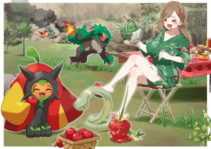 ogerpon, rillaboom, ekans, dipplin, sinistcha, and 2 more (original and 2 more) drawn by glassy0302