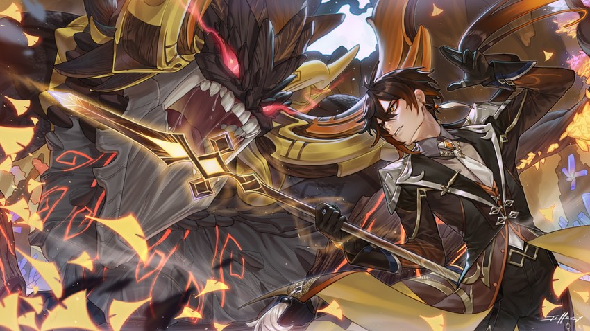 zhongli and azhdaha (genshin impact) drawn by tfny