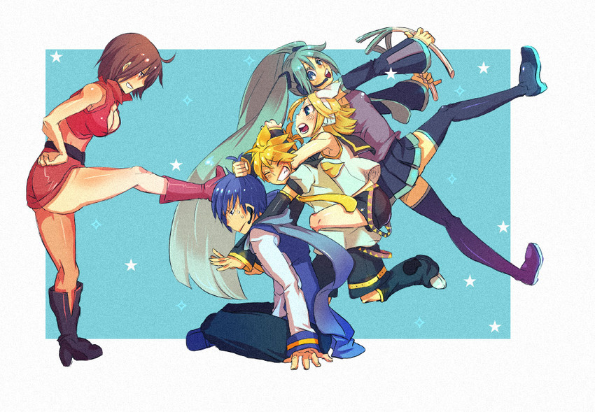hatsune miku, kagamine rin, kagamine len, kaito, and meiko (vocaloid) drawn by fujitsuna