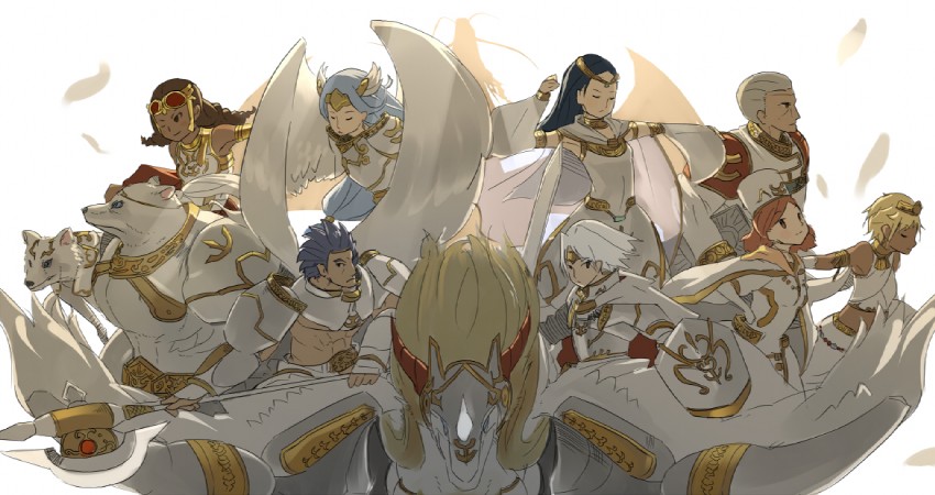 lyla lightsworn sorceress, lumina lightsworn summoner, judgement dragon, jenis lightsworn mender, jain lightsworn paladin, and 7 more (yu-gi-oh! and 1 more) drawn by jitsu_hidari