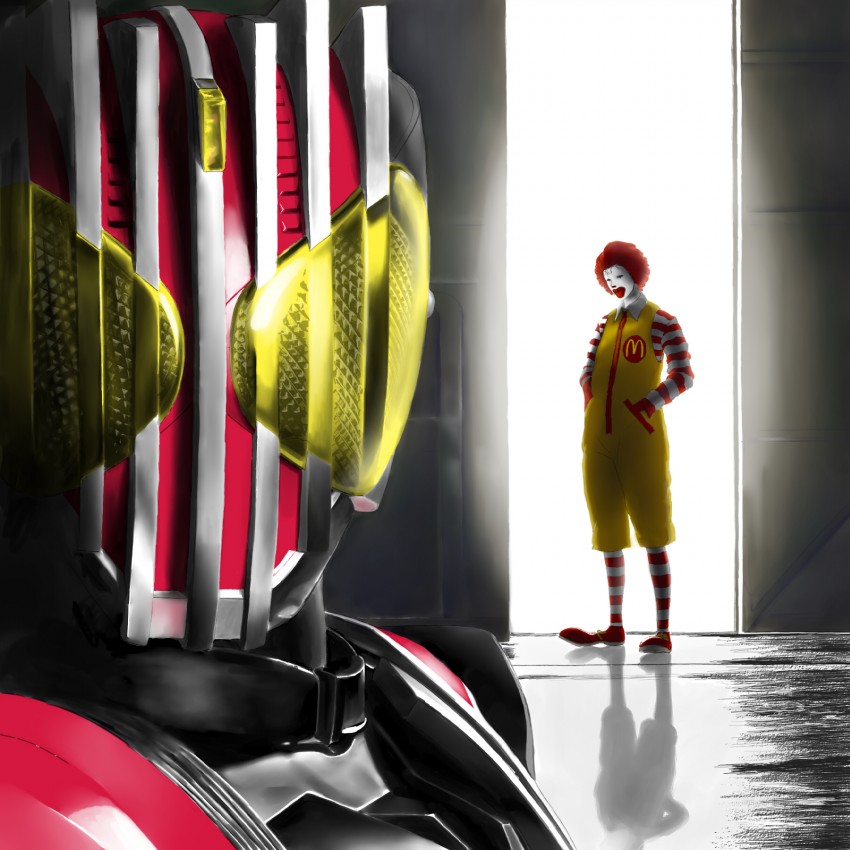 ronald mcdonald and kamen rider decade (kamen rider and 2 more) drawn by chaya