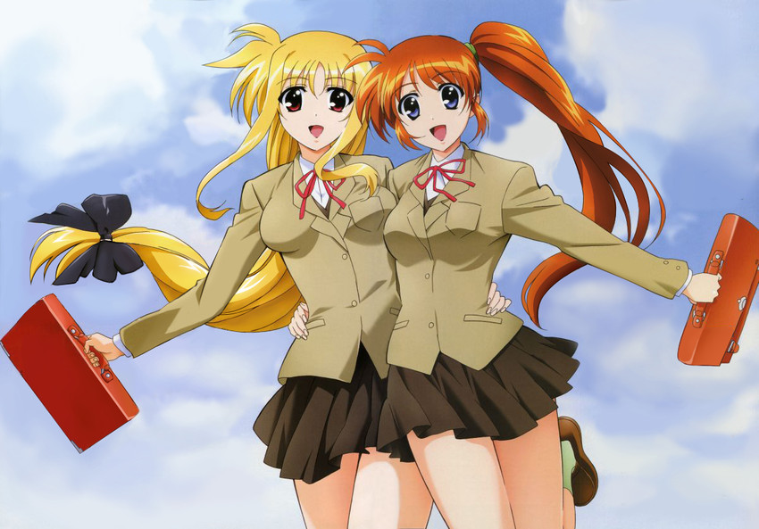 fate testarossa and takamachi nanoha (lyrical nanoha and 1 more) drawn by okuda_yasuhiro