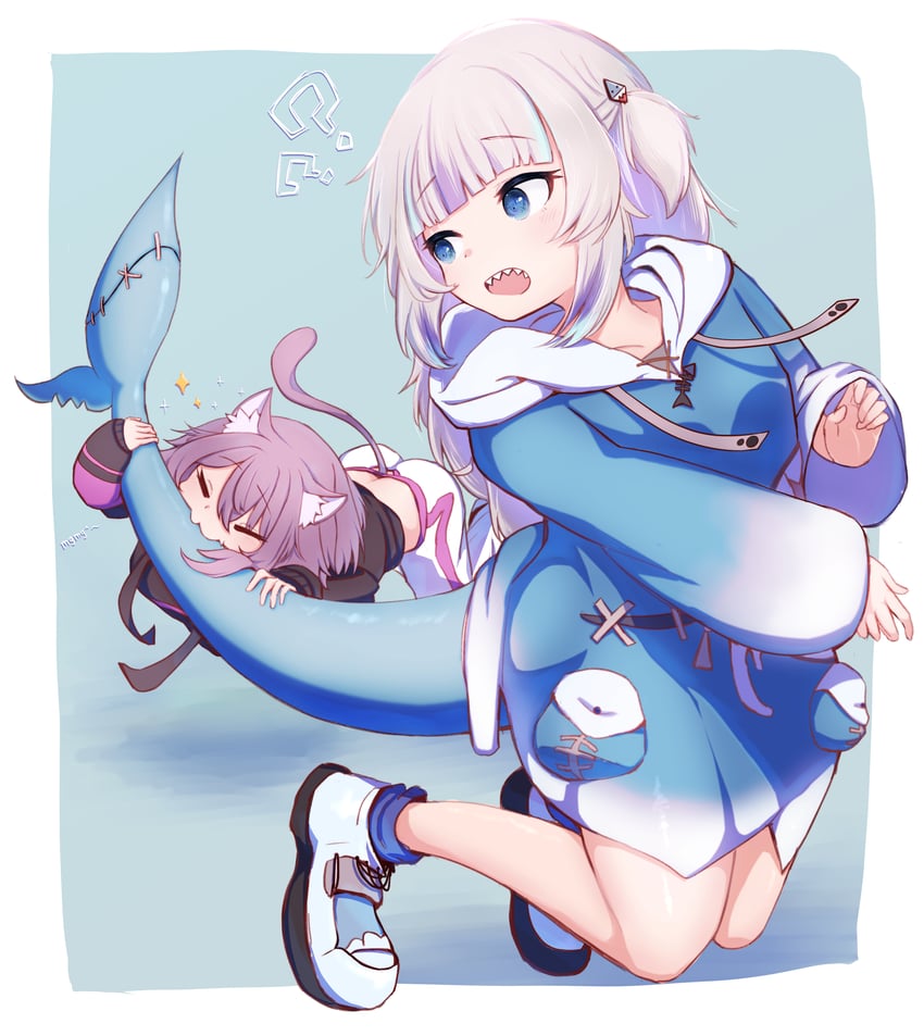 gawr gura and nekomata okayu (hololive and 1 more) drawn by mok4suke