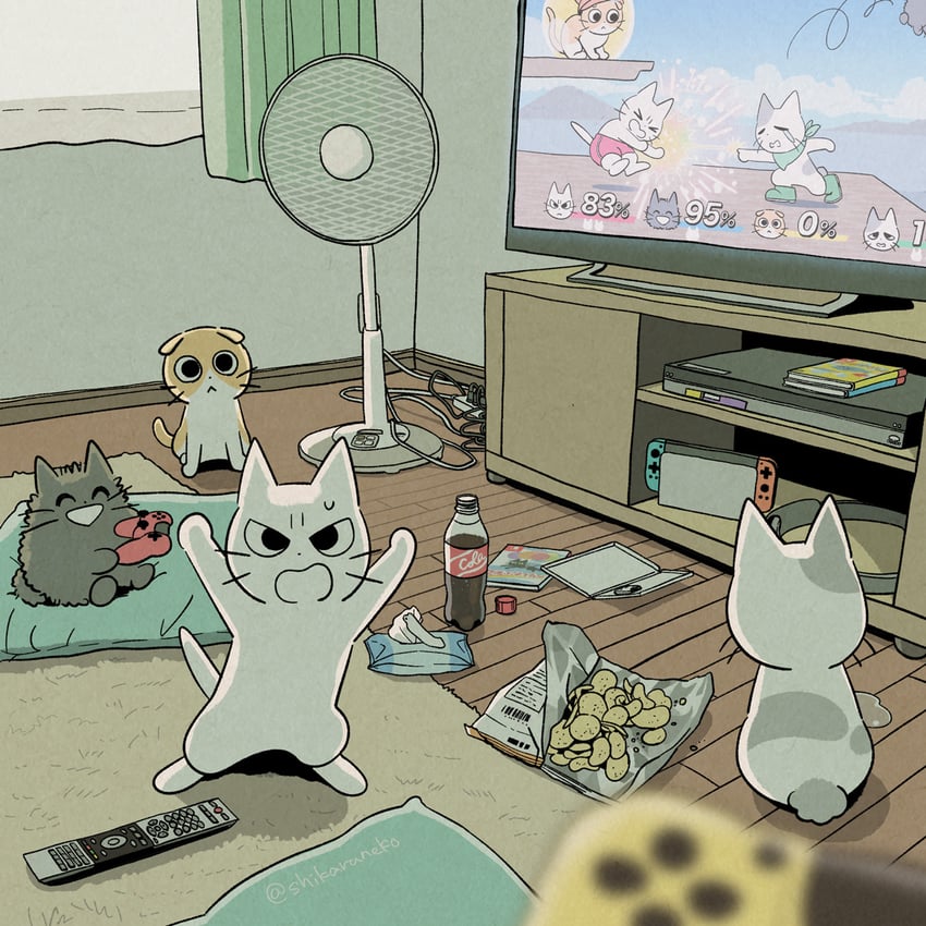 shikaru neko, amayakasu neko, ureu neko, and nagameru neko (super smash bros. and 1 more) drawn by mojacookie